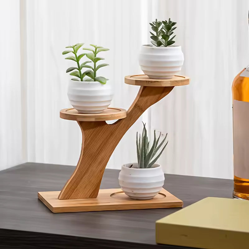 Elara Haus bamboo plant stand with compact design for small spaces, ideal for desktop and balcony organizing needs.