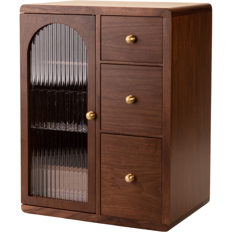 Luxury wooden vanity cabinet with glass and drawers for organized beauty and skincare storage