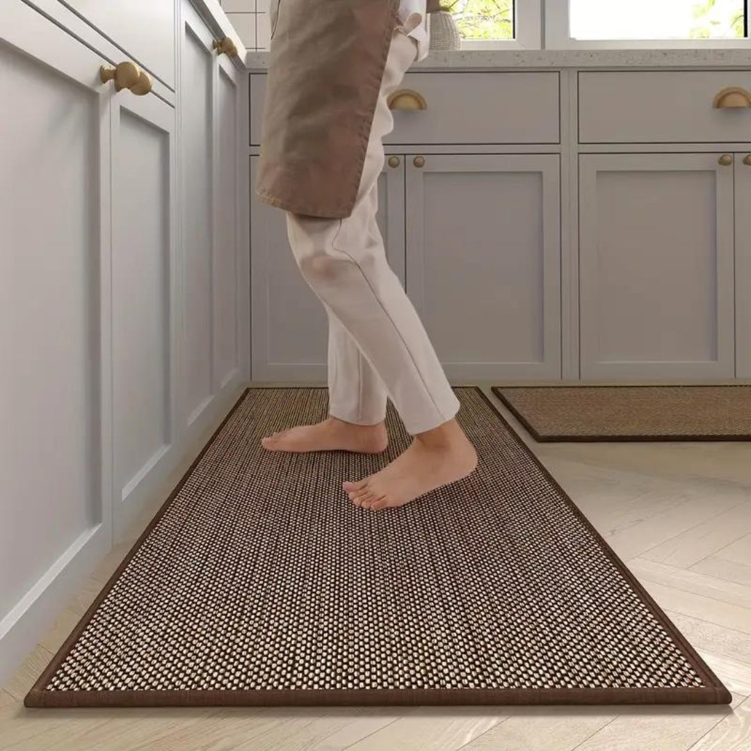 Kitchen mat set with fibrous relief design for durability and style