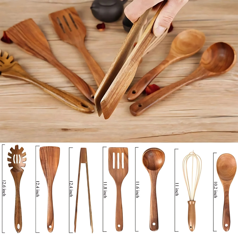 Elara Haus premium wooden kitchen utensils, 7-piece cooking set, made from high-quality wood material.