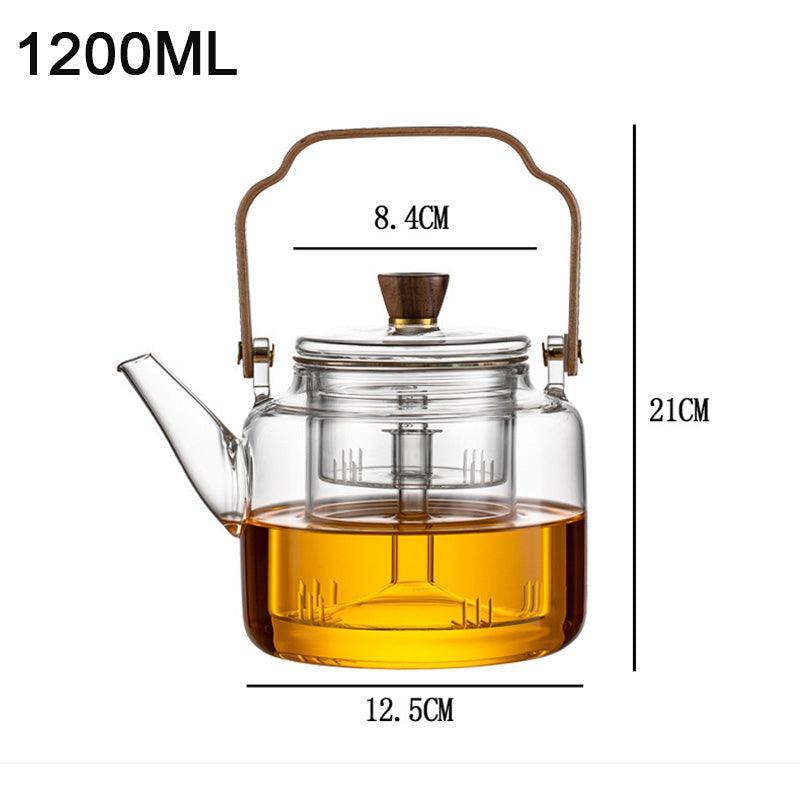 Grijzen Japandi glass teapot with walnut handle and wooden infuser