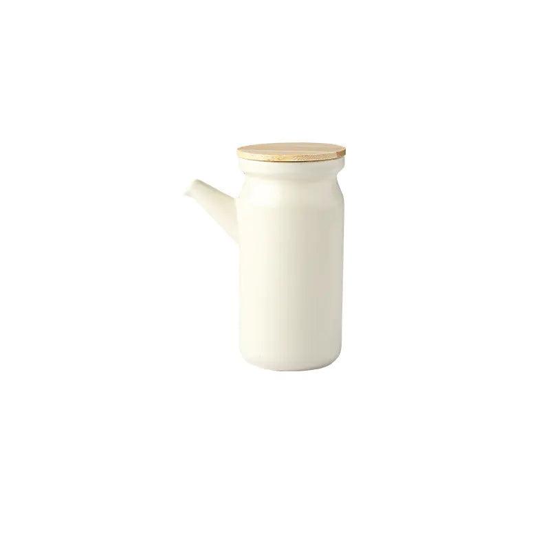 Side view of Nordic ceramic seasoning bottle with wood grain and ceramic details.