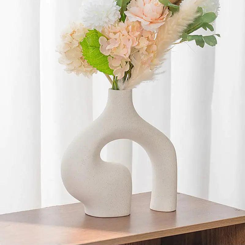 Elevated view of abstract double ceramic vase, unique home decor