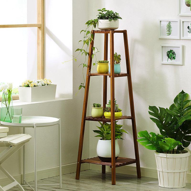 Bamboo plant rack for indoor and outdoor use with a sturdy design.
