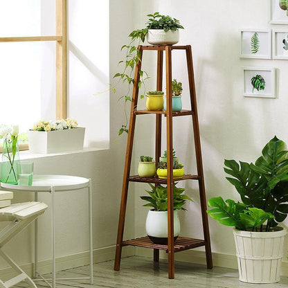 Bamboo plant rack for indoor and outdoor use with a sturdy design.