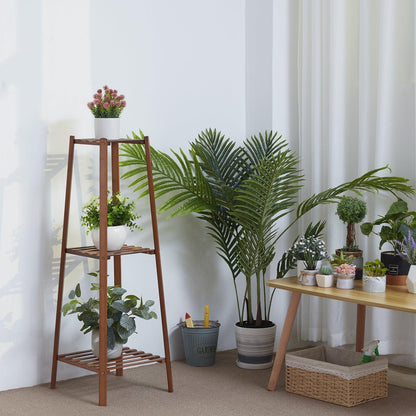 Multi-tiered bamboo plant stand for indoor and outdoor decoration.