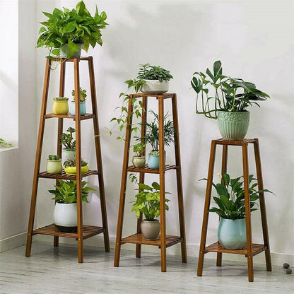 Stylish bamboo plants display rack for indoor and outdoor use.