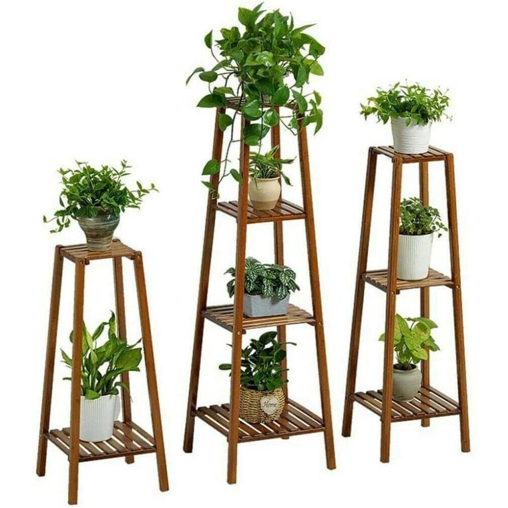 Bamboo plant stand for indoor and outdoor decor with a natural finish.