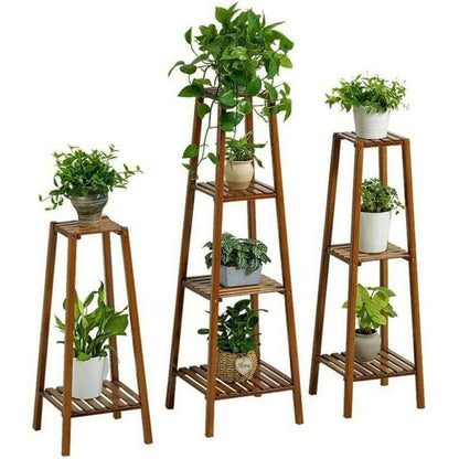 Bamboo plant stand for indoor and outdoor decor with a natural finish.