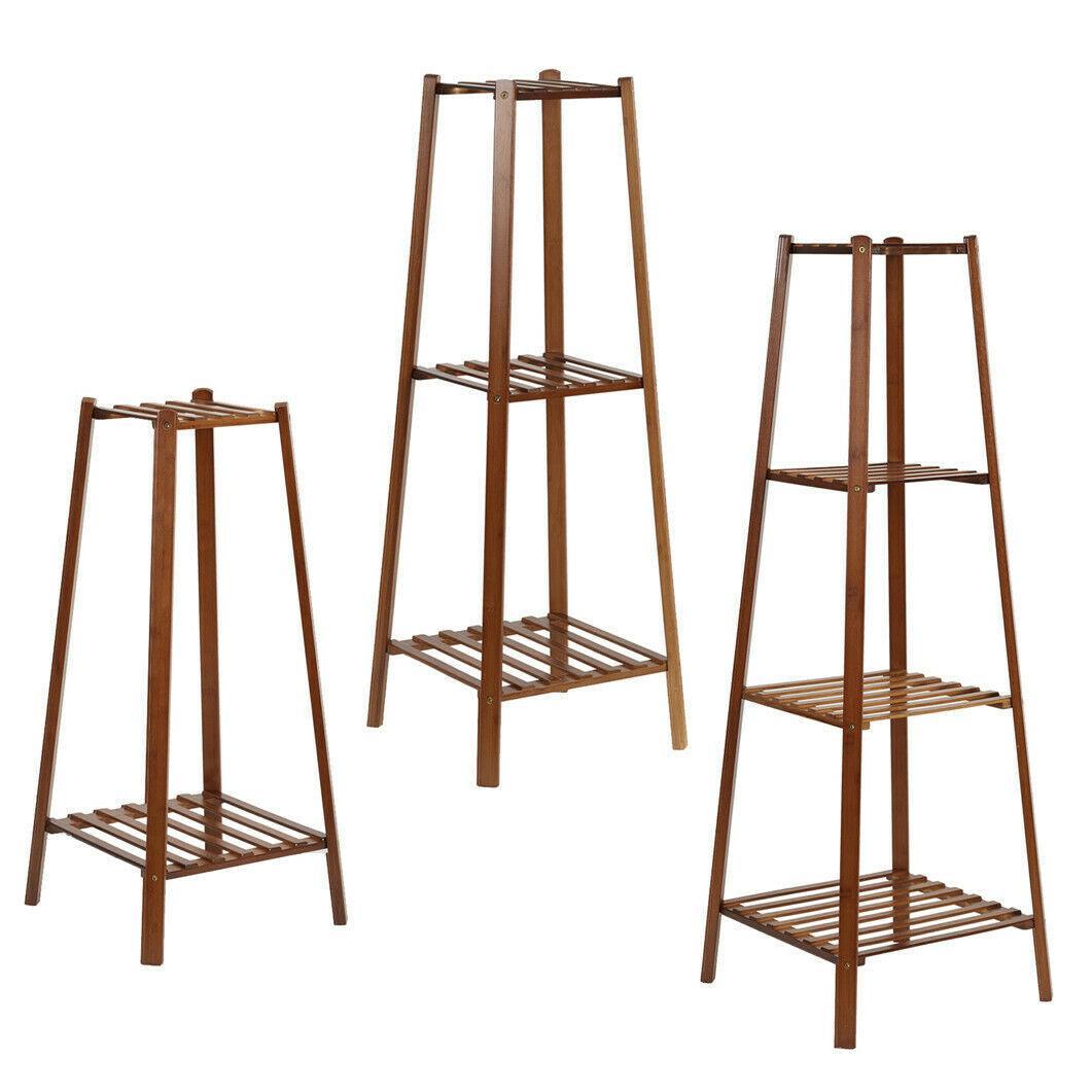 Tiered bamboo plant stand for indoor and outdoor use with a rustic touch.