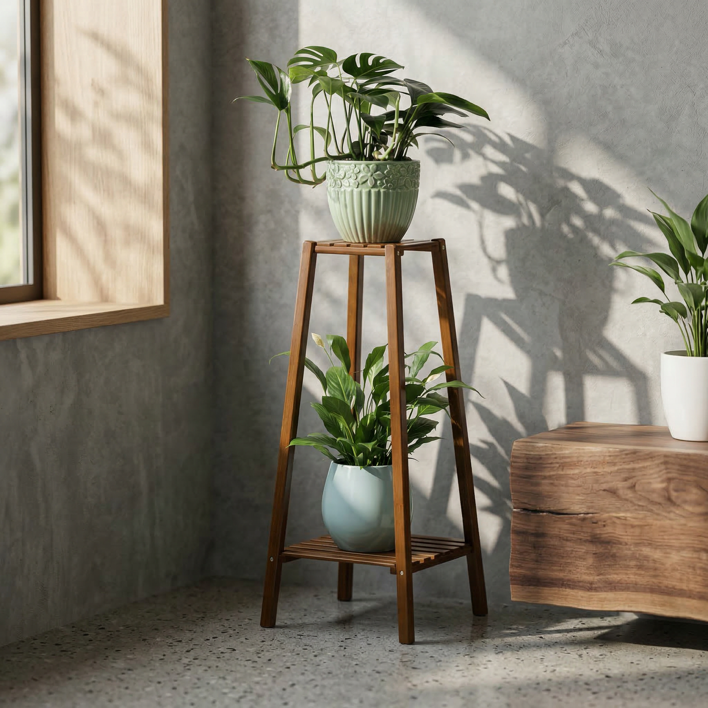 Elegant bamboo plant stand for indoor decor with multiple tiers.