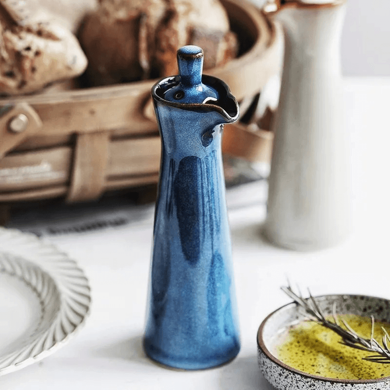 Artisanal run glaze ceramic dispenser bottle for oil and olive vinegar