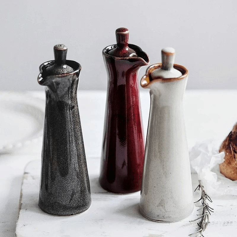 Ceramic run glaze oil and vinegar dispenser bottle with unique design