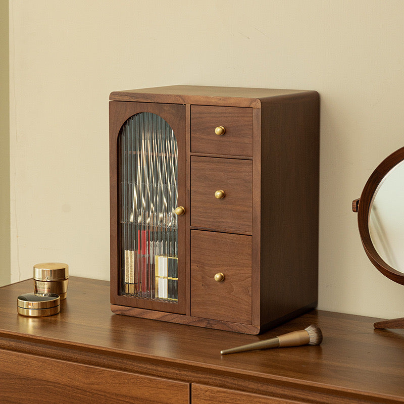 Luxury wooden makeup organizer with drawers and brush holder for elegant skincare storage