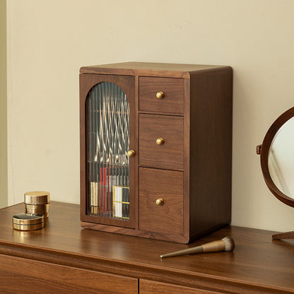 Luxury wooden makeup organizer with drawers and brush holder for elegant skincare storage