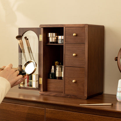 Elegant wooden makeup organizer with fluted glass and drawers for organized cosmetics