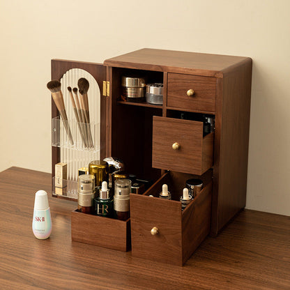 Artisanal walnut vanity cabinet with drawers and glass storage for luxurious skincare