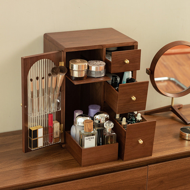 Luxury wooden makeup storage with glass and drawers for organized beauty essentials
