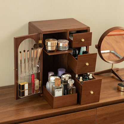 Luxury wooden makeup storage with glass and drawers for organized beauty essentials