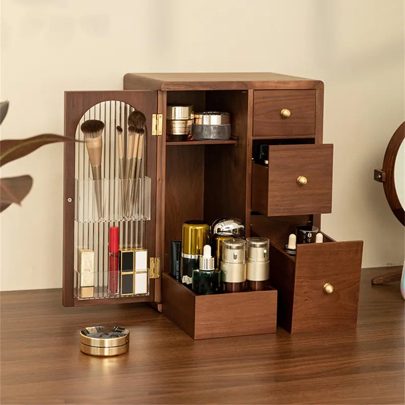 Elegant wooden makeup organizer with glass and drawers for luxurious cosmetics storage