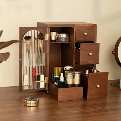 Elegant wooden makeup organizer with glass and drawers for luxurious cosmetics storage
