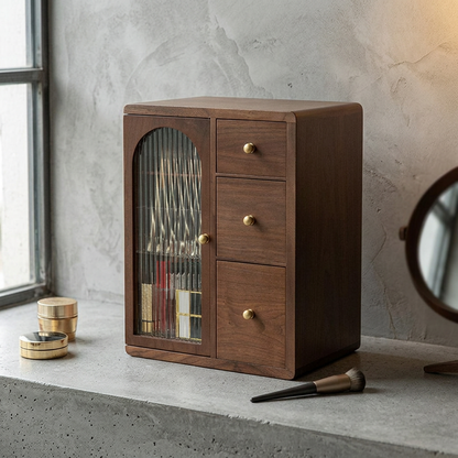 Elegant artisanal walnut glass vanity cabinet with a luxurious touch