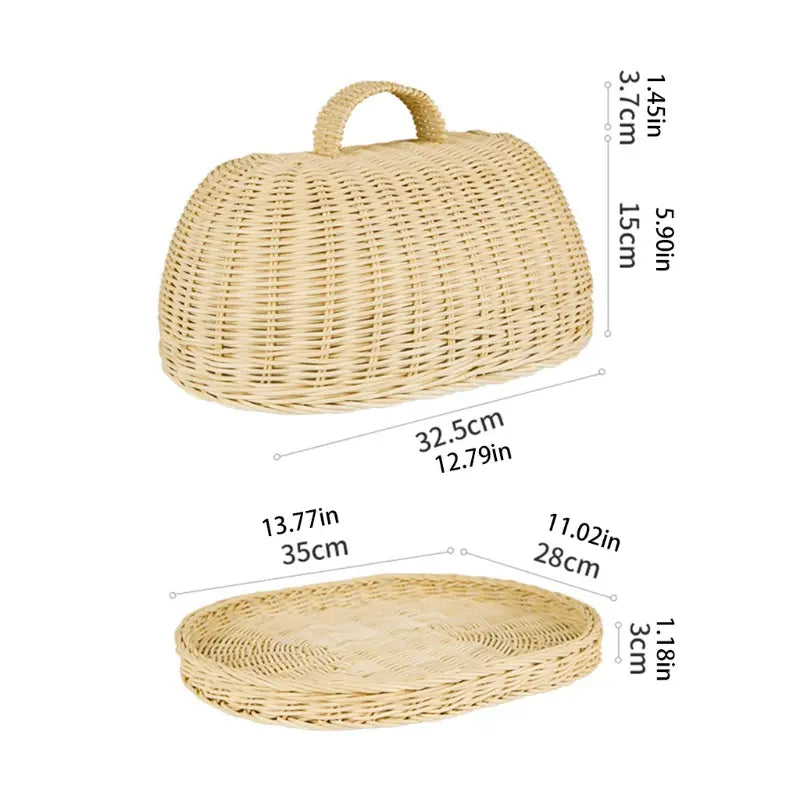 Wicker Bread Cloche with Dust-Proof Cover for Kitchen Storage