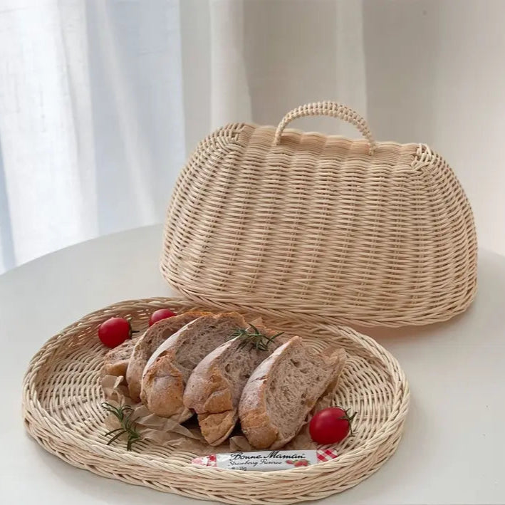Dust-Proof Wicker Cloche for Artisan Bread with Kitchen Organizer