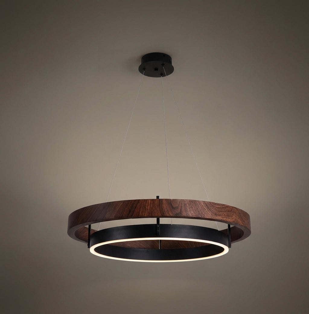Elara Haus Cloud Ring Pendant - Modern Walnut Finish LED Suspension