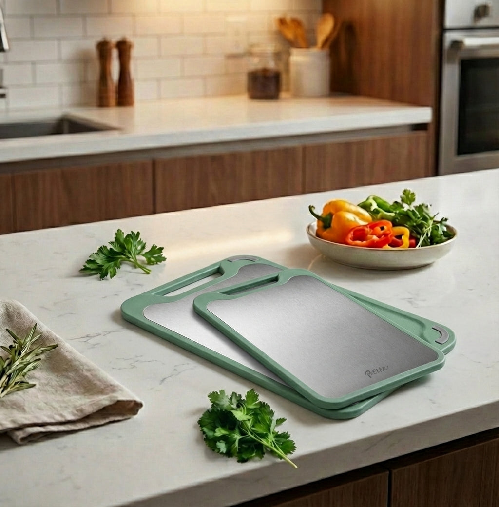 Dual-sided stainless steel chopping board with rice husk fiber for efficient food preparation