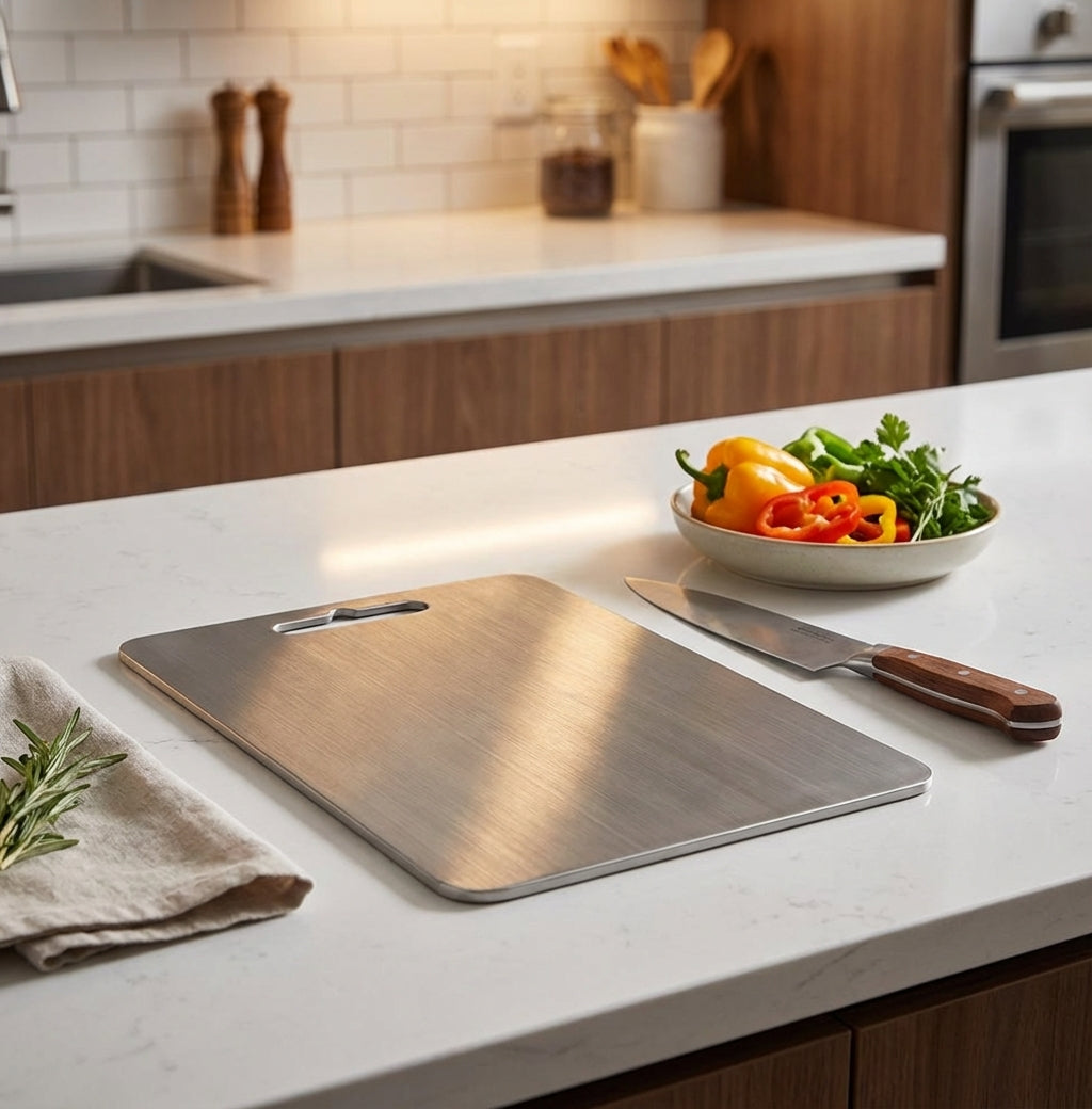 Antibacterial titanium chopping board by Elara Haus for clean food preparation