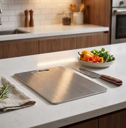 Antibacterial titanium chopping board by Elara Haus for clean food preparation
