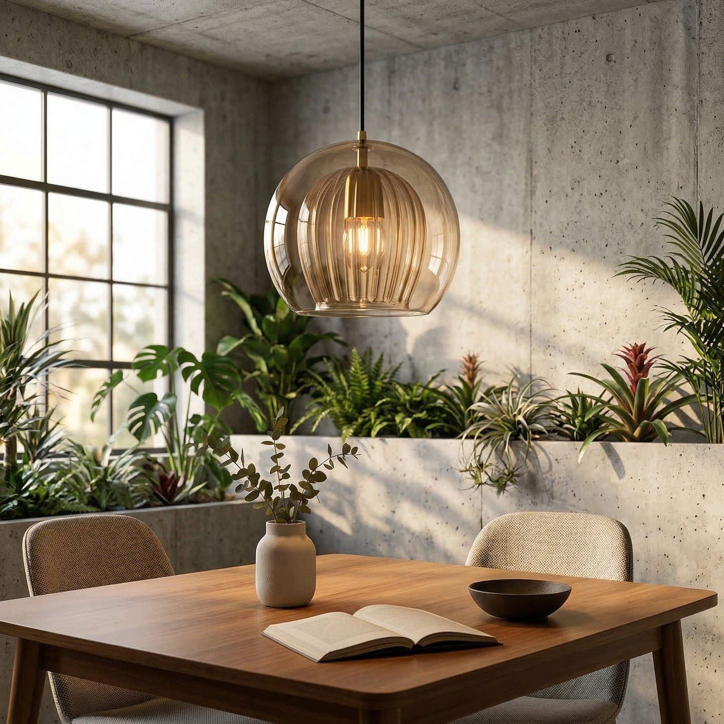Elara Haus Double-Glass Pendant – Fluted Core Luminous Dome