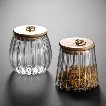 Relief storage container made from glass and wood.