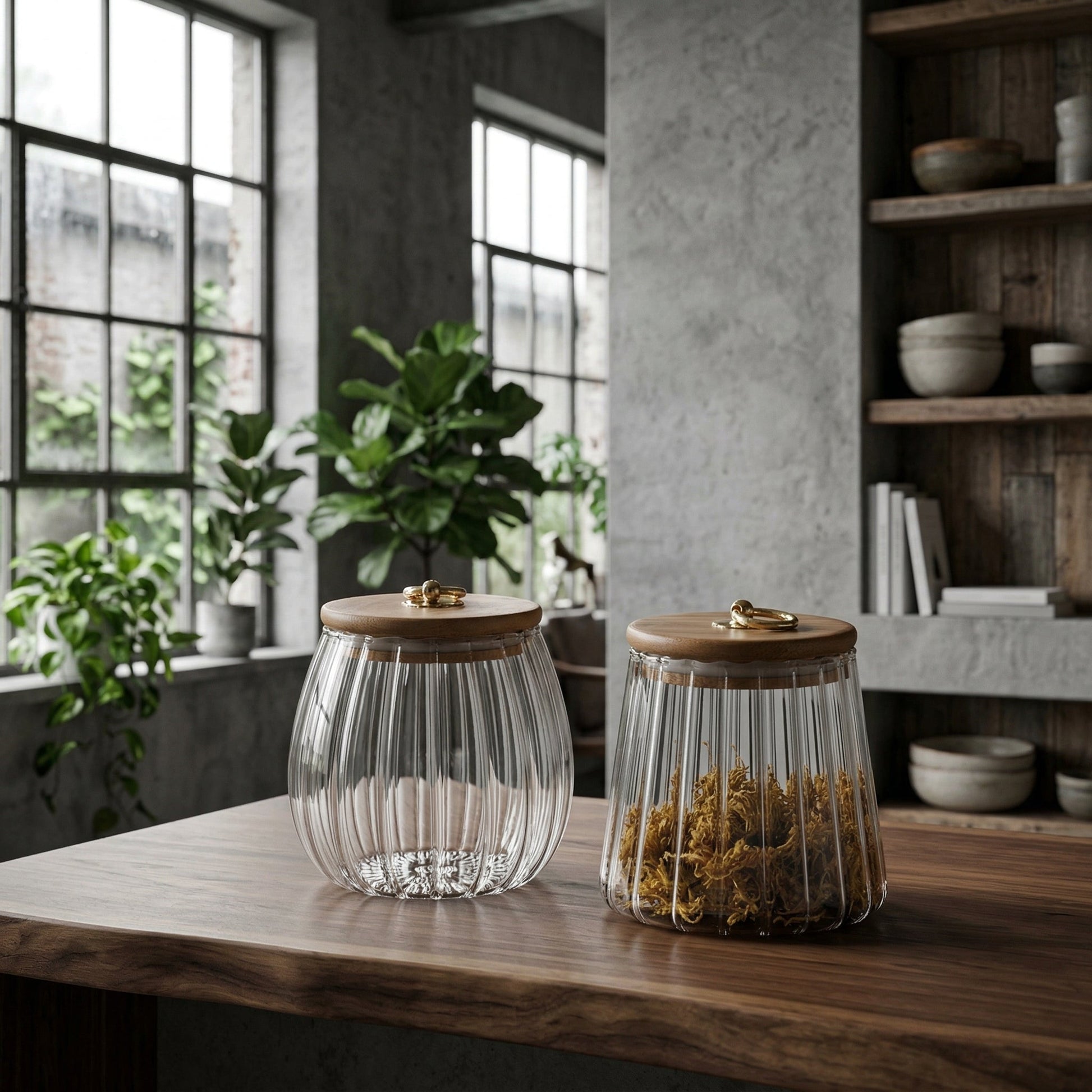 Gold ring lid glass storage jar with fluted relief design.