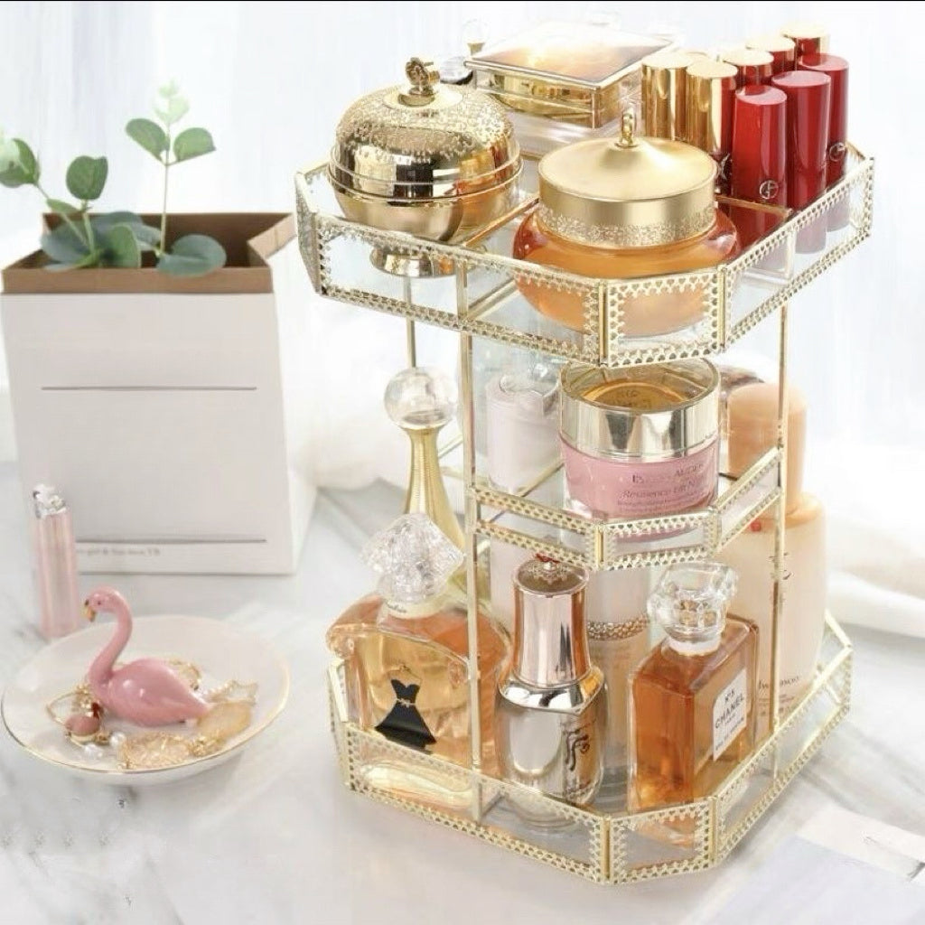 Close-up of gold glass rotation makeup perfume tray organizer 0