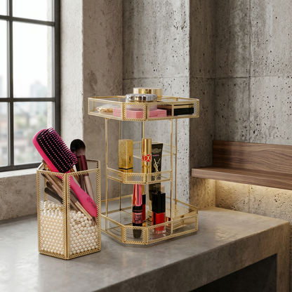Elegant gold glass rotating vanity organizer for makeup and perfume storage