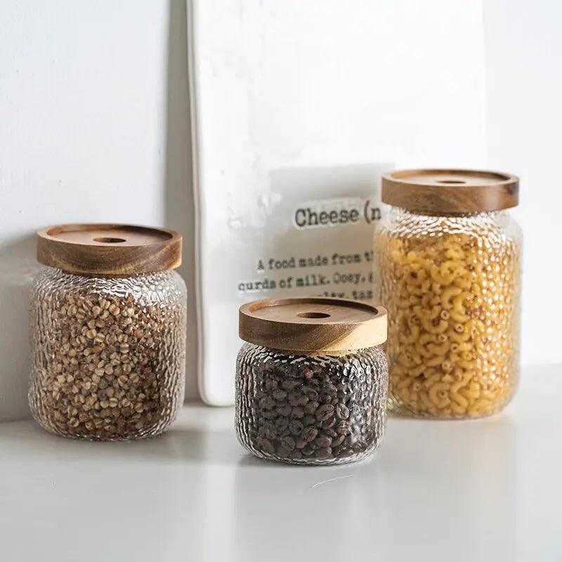 Airtight glass storage container with wooden accents and lid