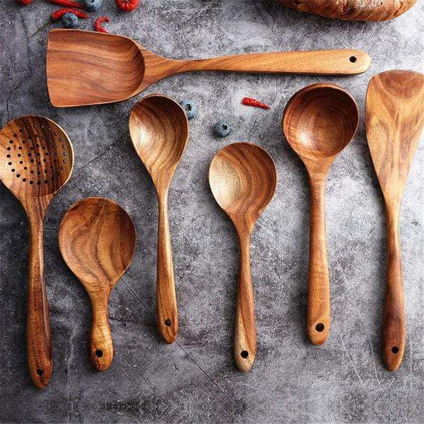 Elara Haus Handcrafted Teak Cooking Spoons - 7pc Non-Stick Set