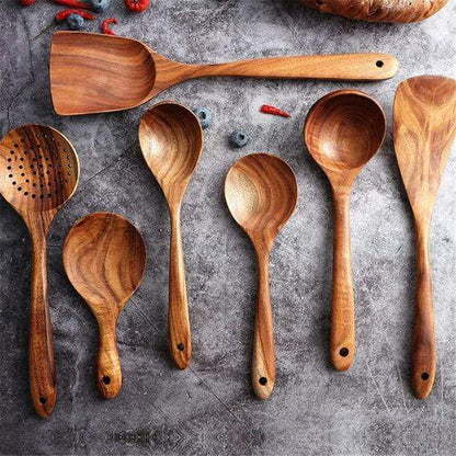 Elara Haus Handcrafted Teak Cooking Spoons - 7pc Non-Stick Set