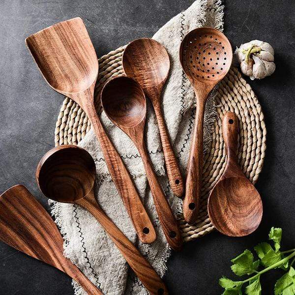 Teak-handled non-stick cooking utensils in a 7-piece set for healthy cooking