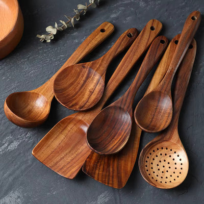 Teak-handled non-stick cooking spoons in a 7-piece cooking utensils set