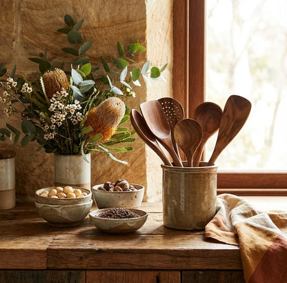 Teak cooking spoons in a 7-piece non-stick set for effortless cooking