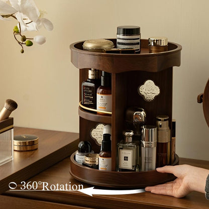 Rotating Vanity Carousel with Heritage Timber Storage and Carved Accents