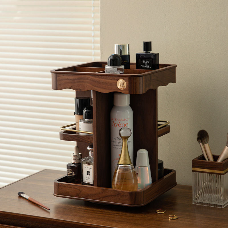 Vintage 360° Rotating Wooden Makeup Organizer with Carved Accents
