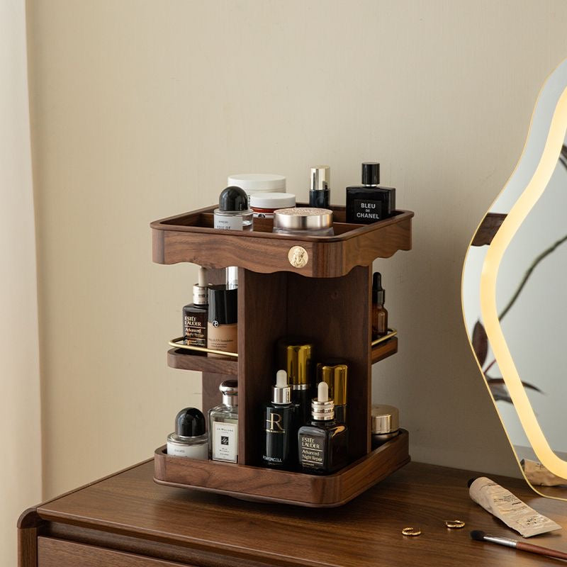 360° Rotating Wooden Makeup Organizer with Storage and Carved Accents