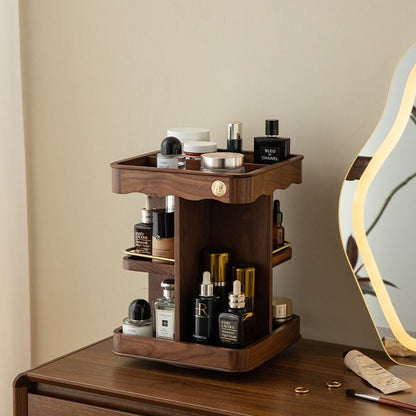 360° Rotating Wooden Makeup Organizer with Storage and Carved Accents
