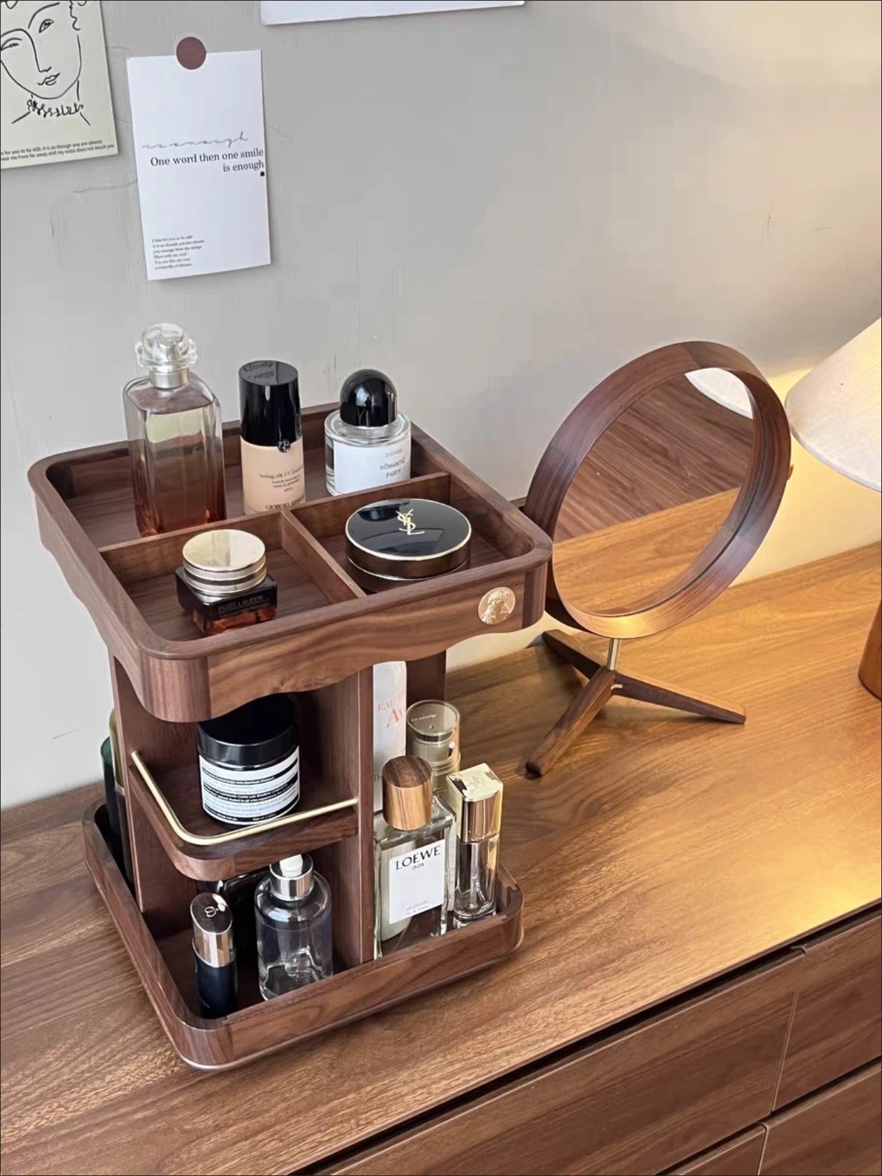 Rotating Wooden Makeup Organizer with Storage and Carved Accents