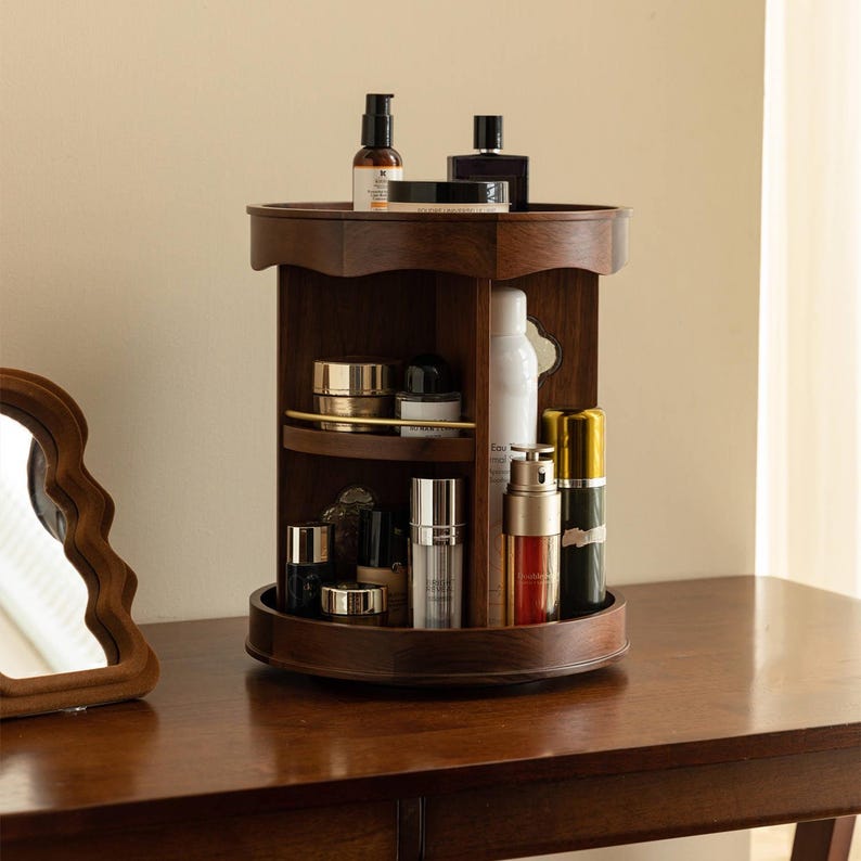 Carved Accents Wooden Vanity Storage with 360° Rotating Makeup Organizer
