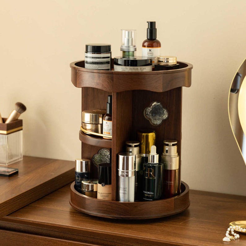 360° Rotating Makeup Organizer with Elegant Wooden Vanity Storage